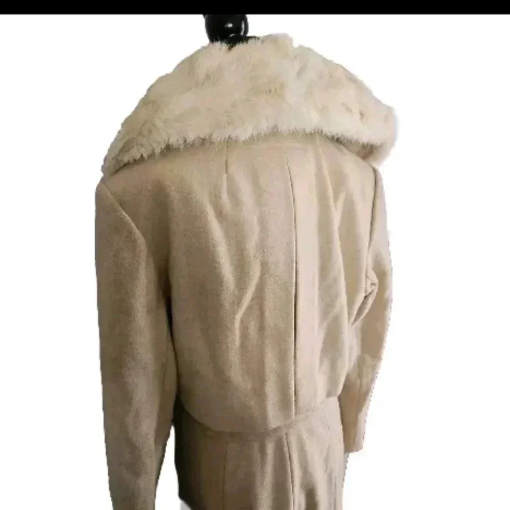 Youthcraft Women's Vintage Oatmeal Wool Princess Coat with Rabbit Fur Collar M